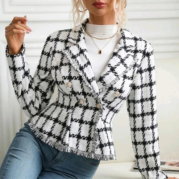 Plaid Pattern Raw Trim Tweed Blazer - Picture 4 of 5